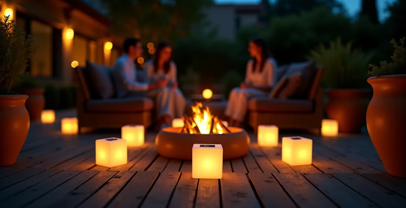 Lampes basses créant une ambiance conviviale sur une terrasse française