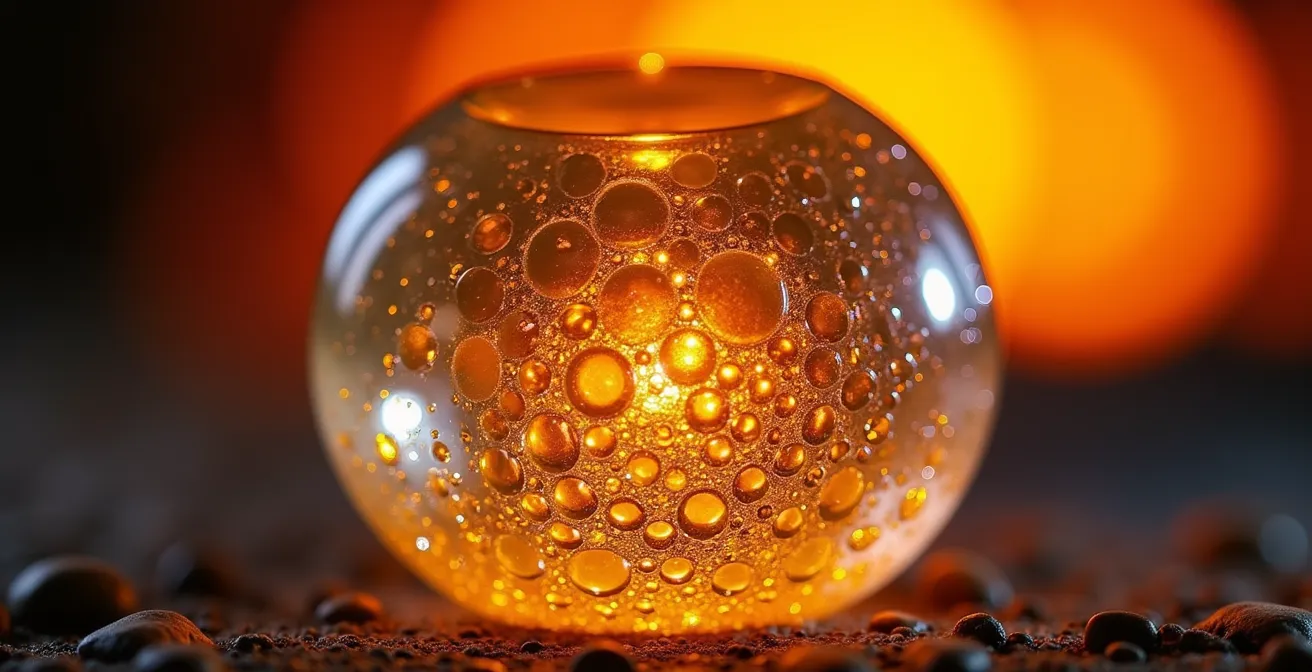 Maître verrier de Biot créant une pièce avec les bulles caractéristiques, lumière dansante sur le verre en fusion