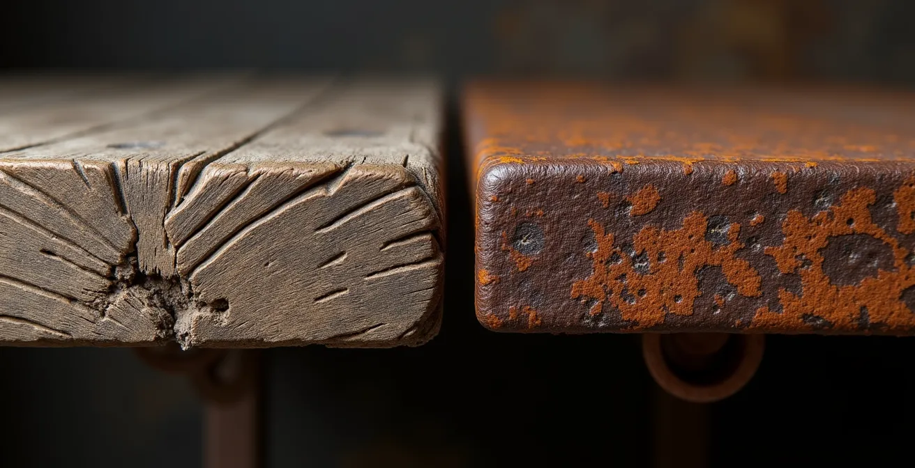 Gros plan sur la texture d'un bois ancien patiné et métal oxydé avec traces du temps