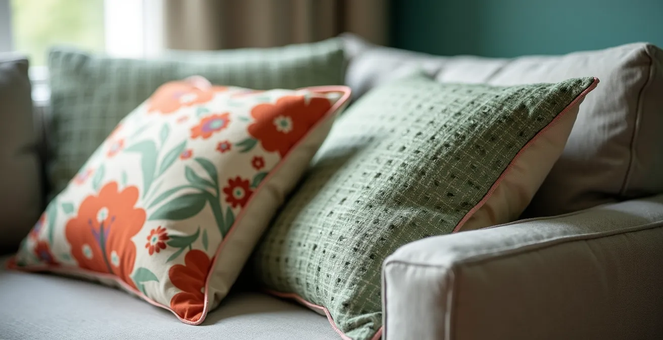 Arrangement harmonieux de coussins à motifs variés sur canapé gris