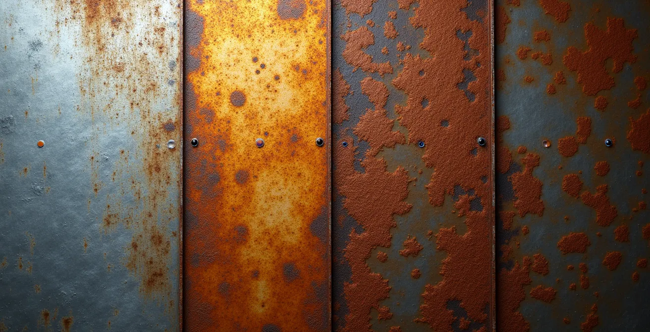 Détail d'une surface métallique avec oxydation contrôlée montrant différents stades de rouille