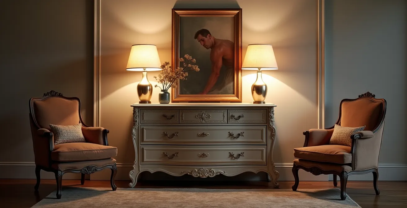 Commode ancienne associée à des éléments modernes dans un intérieur contemporain