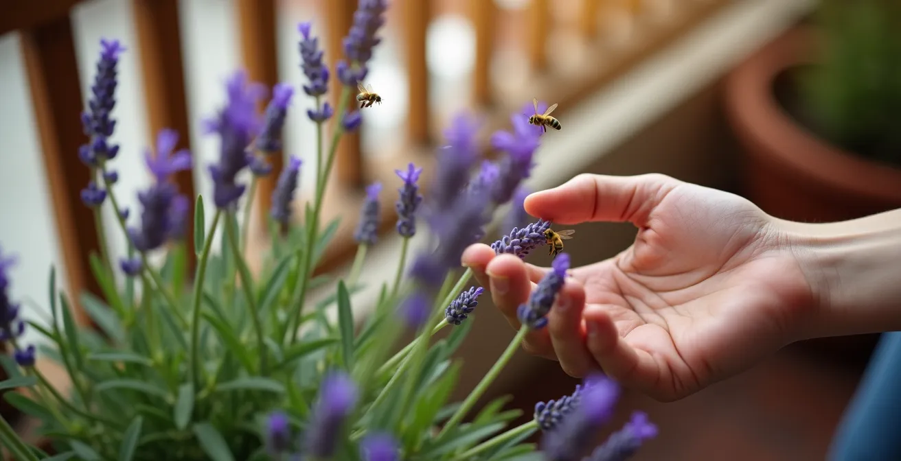 Mini-écosystème sur balcon avec lavande et insectes pollinisateurs