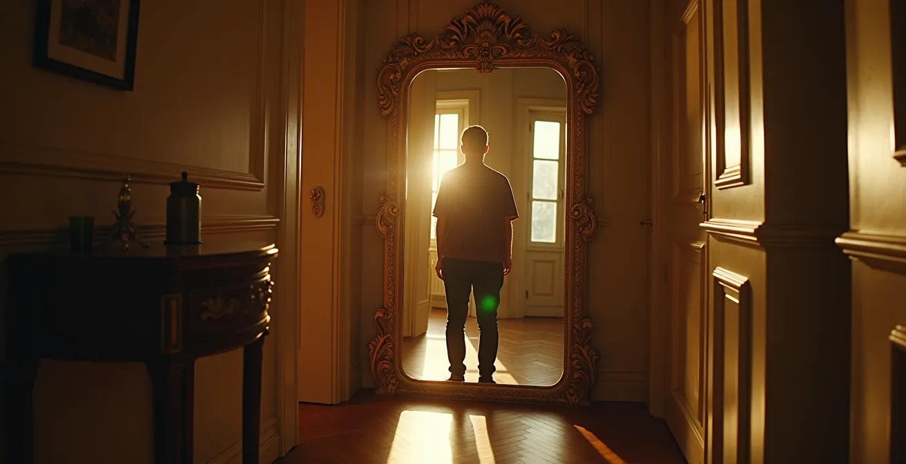 Entrée d'appartement haussmannien avec grand miroir doré Louis-Philippe posé au sol contre le mur