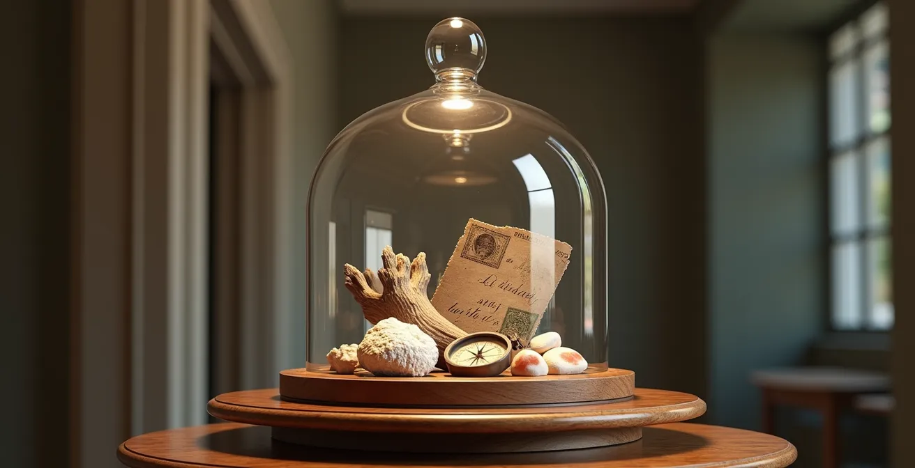 Présentation muséale de souvenirs de voyage sous cloche de verre avec éclairage d'appoint