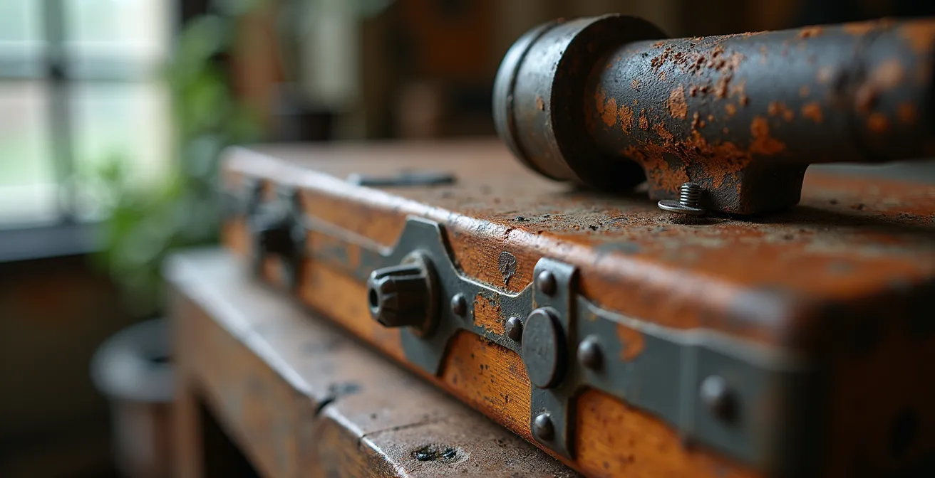 Collection de mobilier industriel vintage avec lampe Jieldé, casier métallique et établi en bois patiné