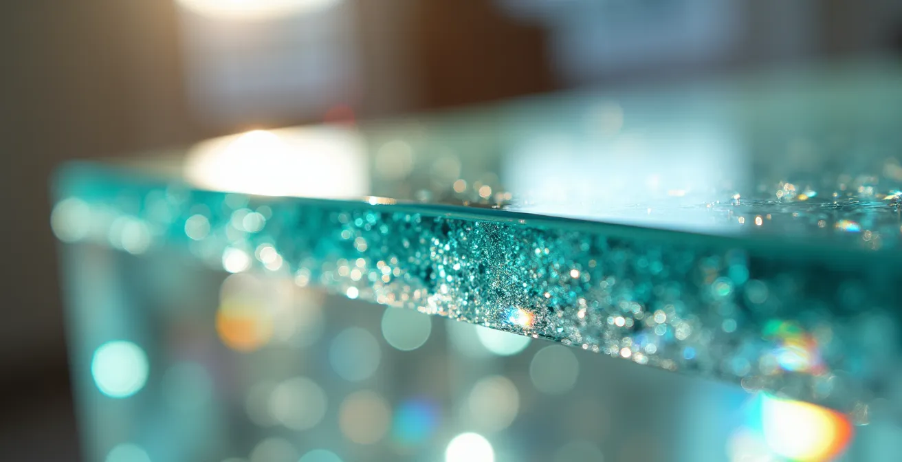 Salon moderne avec table basse en verre et étagères en plexiglas dans un espace baigné de lumière