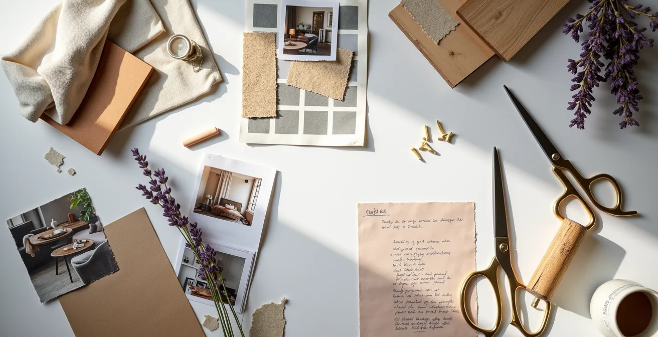 Table de travail avec moodboard physique en création, échantillons et photos d'inspiration