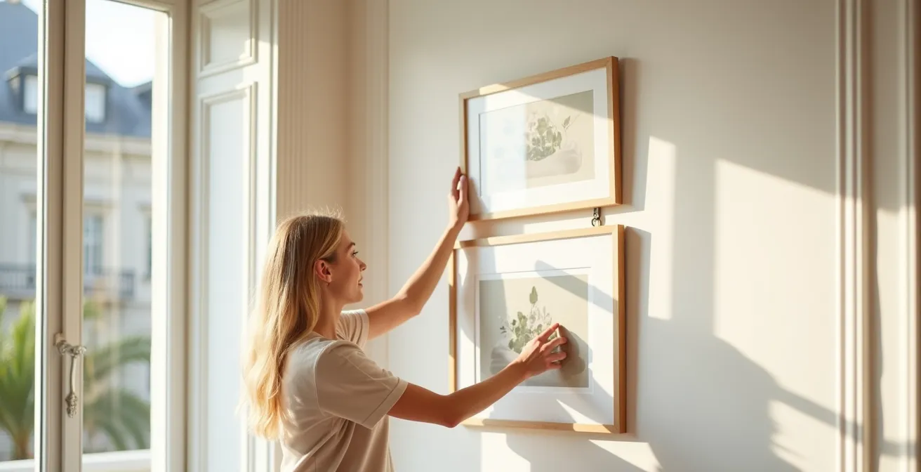 Mur clair d'un appartement haussmannien mettant en valeur une collection d'art et de photographies