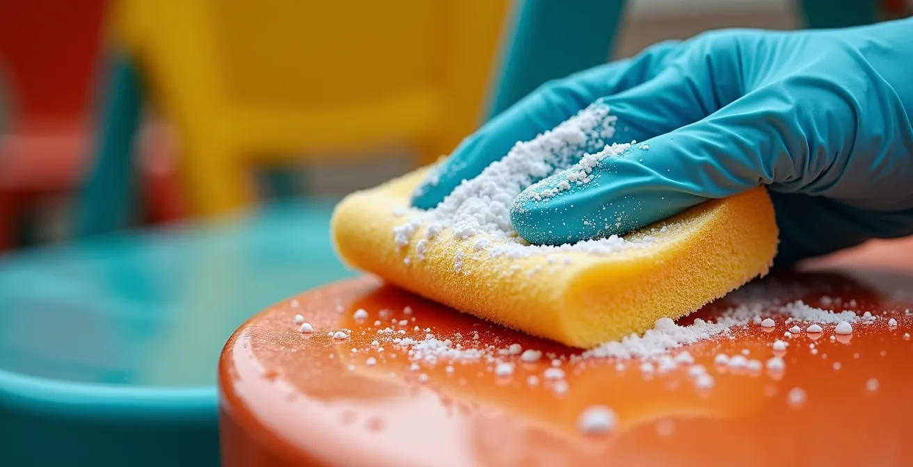 Vue macro d'une main nettoyant une chaise pliante colorée avec une éponge et du bicarbonate
