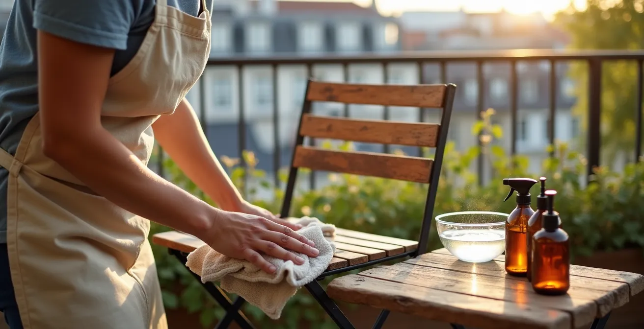 Nettoyage minutieux d'une chaise de balcon avant hivernage