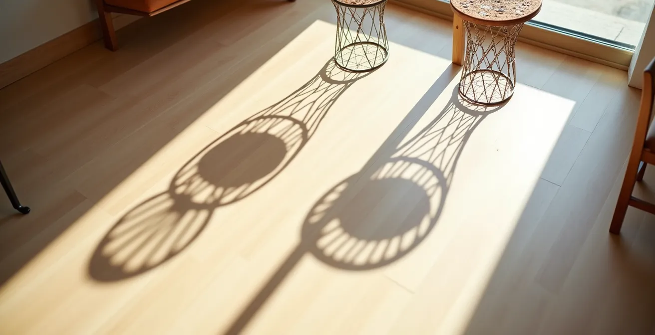 Vue aérienne d'un salon montrant les ombres douces créées par des meubles filaires