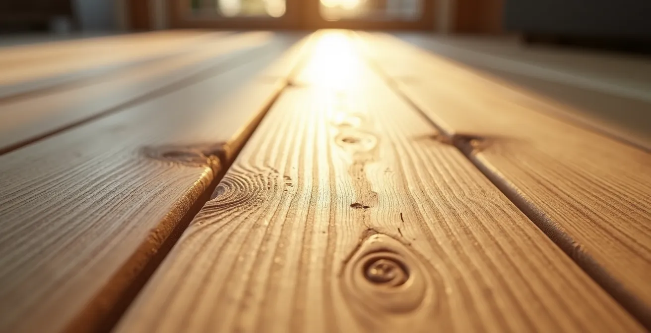 Gros plan sur un parquet en chêne massif avec finition huilée montrant la texture du bois