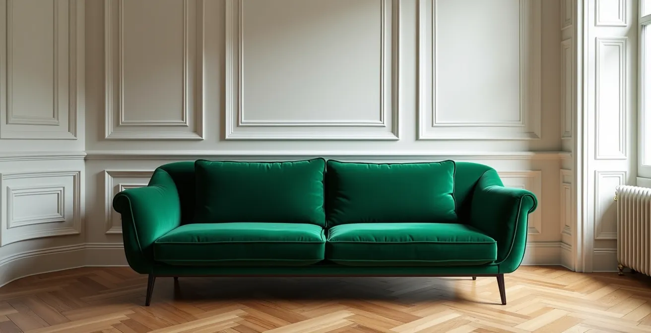 Salon parisien avec canapé design contemporain et architecture classique