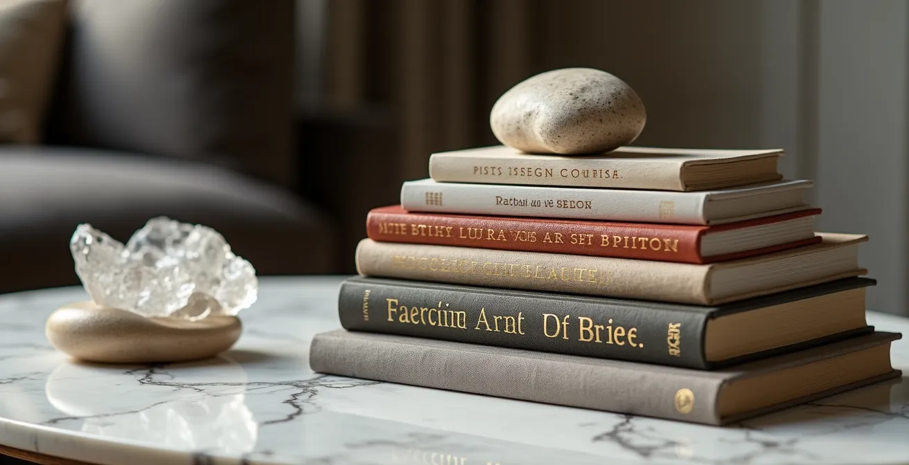 Pile artistique de beaux livres français sur une table basse avec objets décoratifs complémentaires