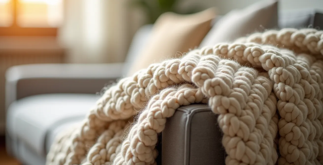 Plaid en laine française drapé sur canapé contemporain avec jeu de textures