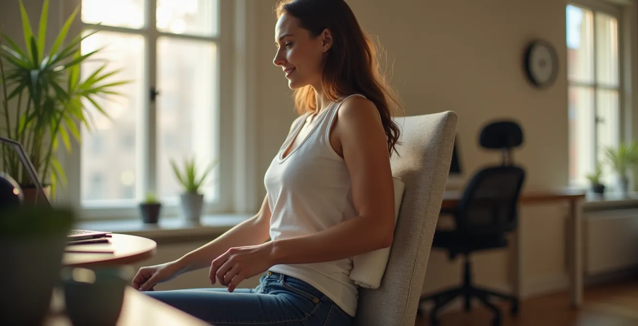 Personne ajustant sa posture sur une chaise avec support lombaire improvisé