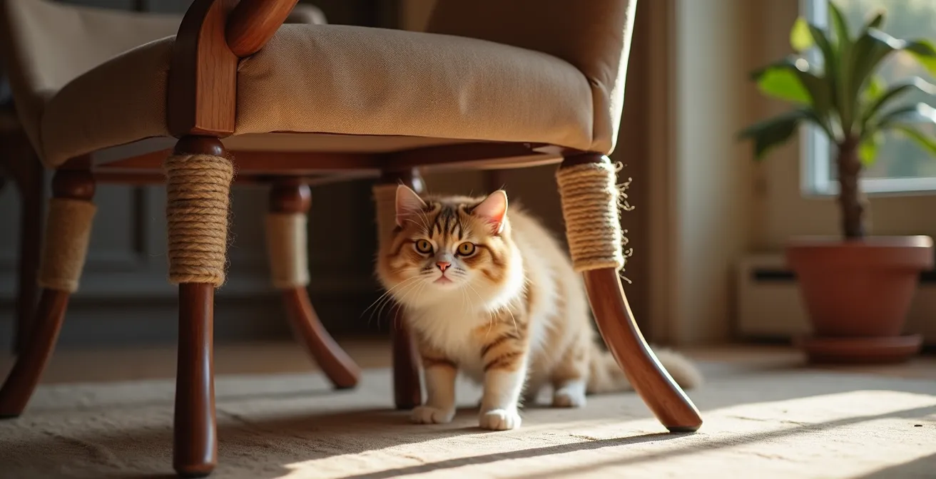 Protection élégante en jonc de mer enroulée autour des pieds de chaise avec chat à proximité