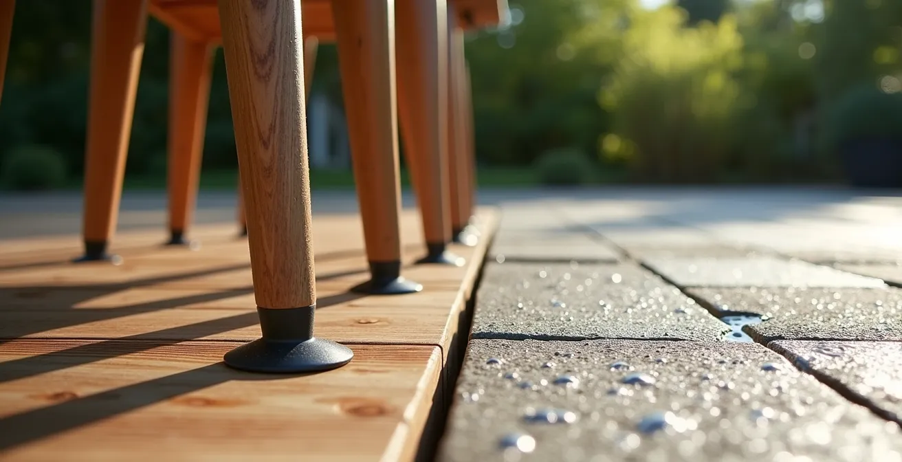 Vue détaillée de pieds de mobilier avec patins protecteurs sur différentes surfaces de terrasse