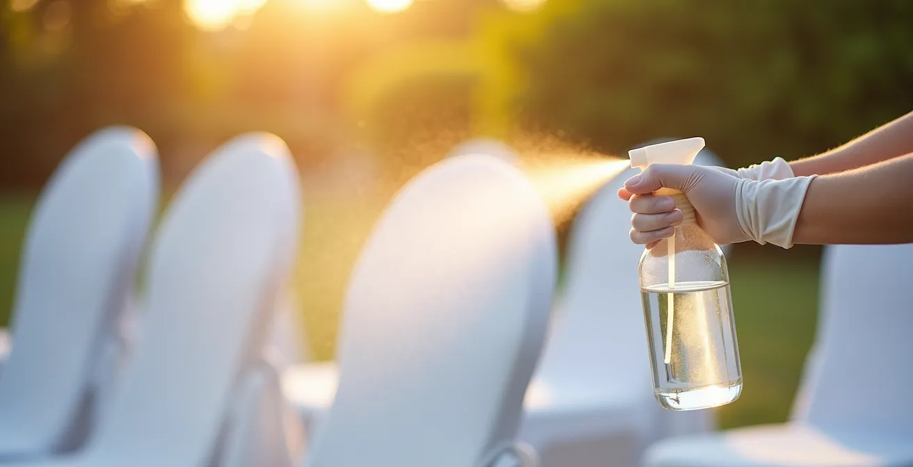 Application d'un spray imperméabilisant sur des housses de chaises blanches en extérieur