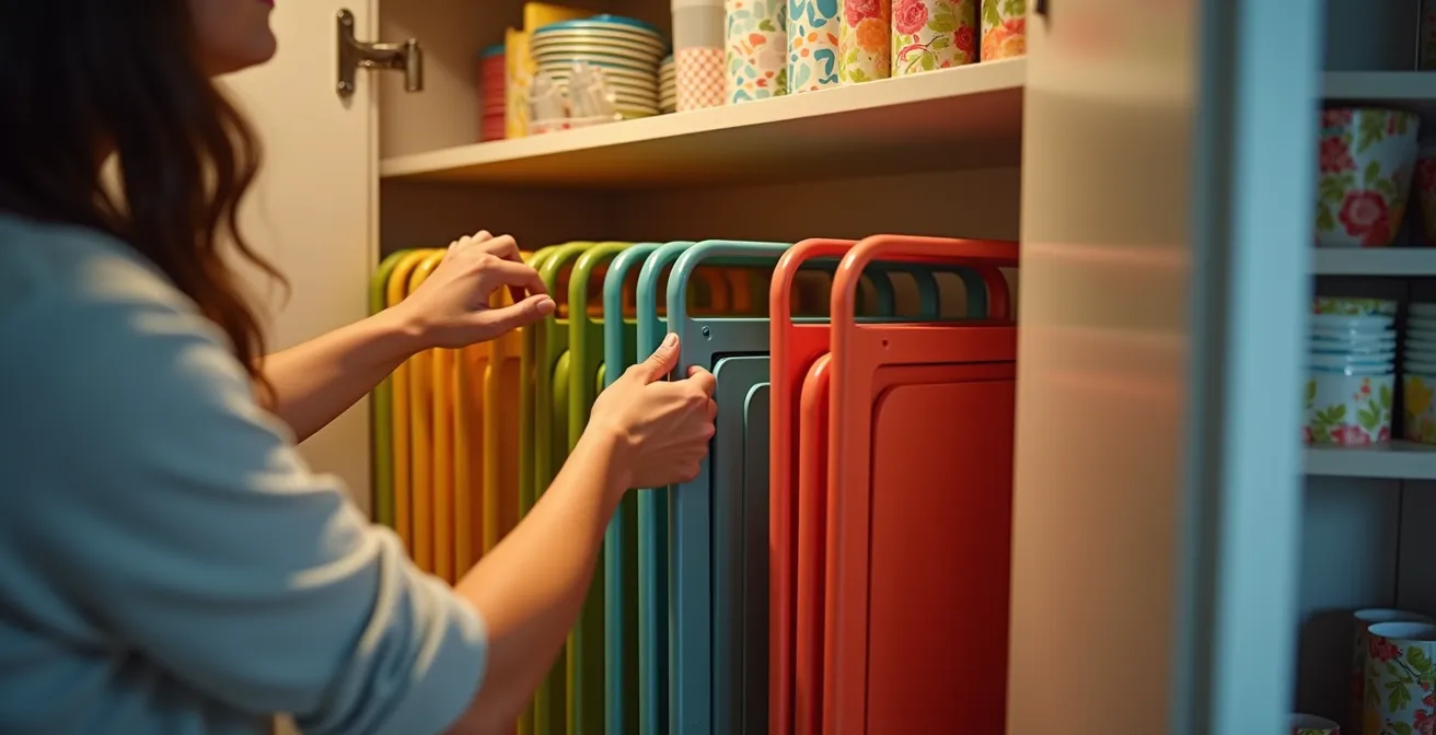 Placard organisé avec chaises pliantes colorées suspendues verticalement et accessoires de fête rangés