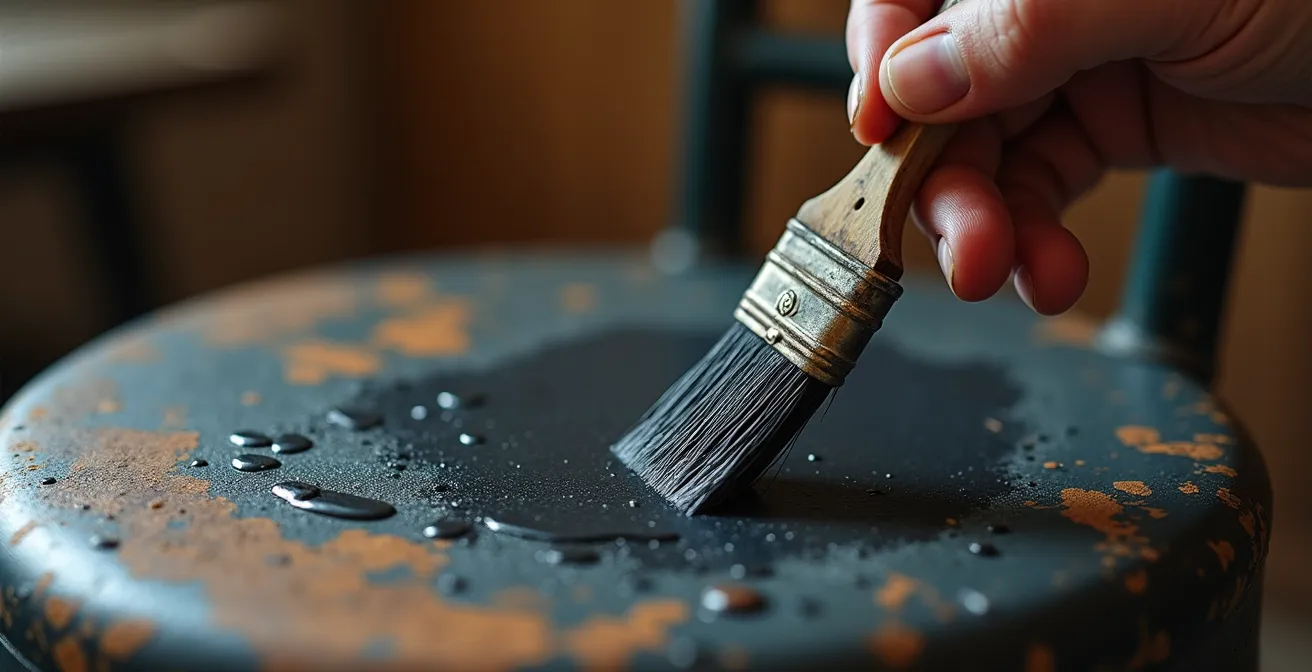 Gros plan sur des mains appliquant de la peinture sur une chaise en métal en cours de rénovation