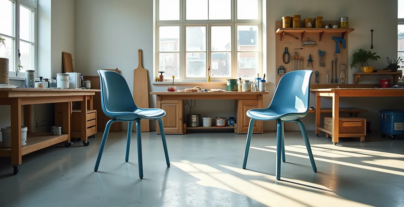 Atelier lumineux with chaises bistrot en cours de rénovation, outils et peintures disposés sur établi
