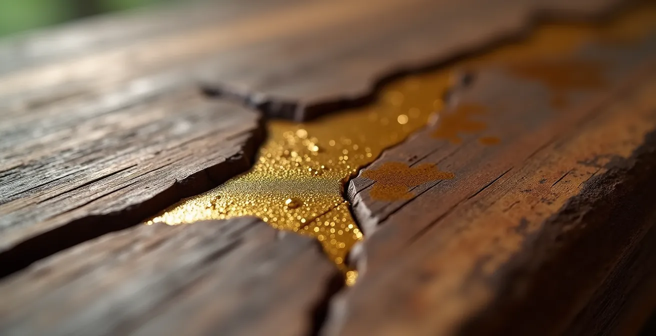 Réparation artistique d'une fente dans du bois brut avec résine dorée façon Kintsugi