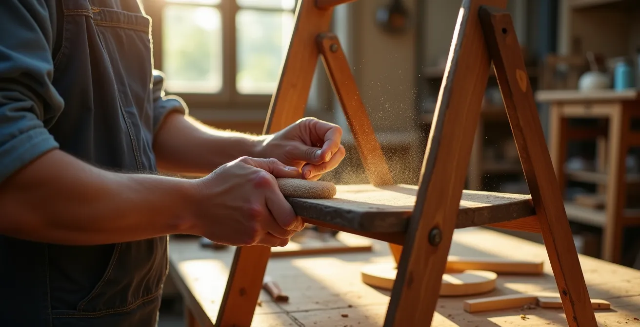 Atelier de restauration avec une chaise pliante en bois en cours de rénovation