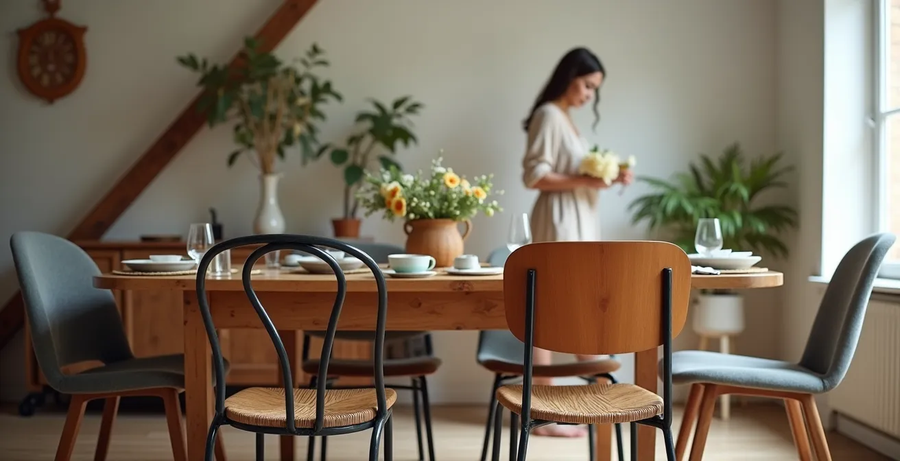 Salle à manger française avec chaises dépareillées harmonieusement agencées