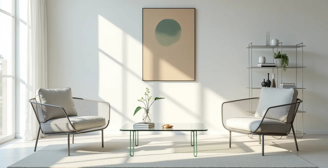 Petit salon avec meubles en verre et structures filaires créant une sensation d'espace