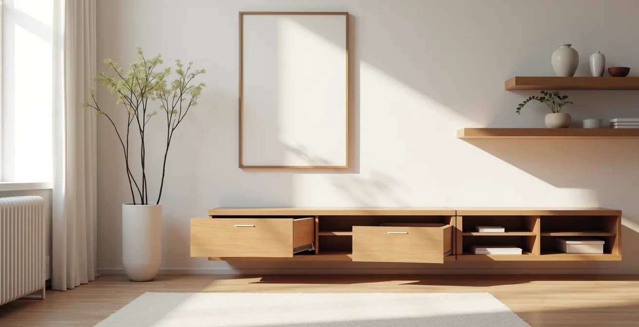 Salon épuré avec équipements technologiques dissimulés dans le mobilier