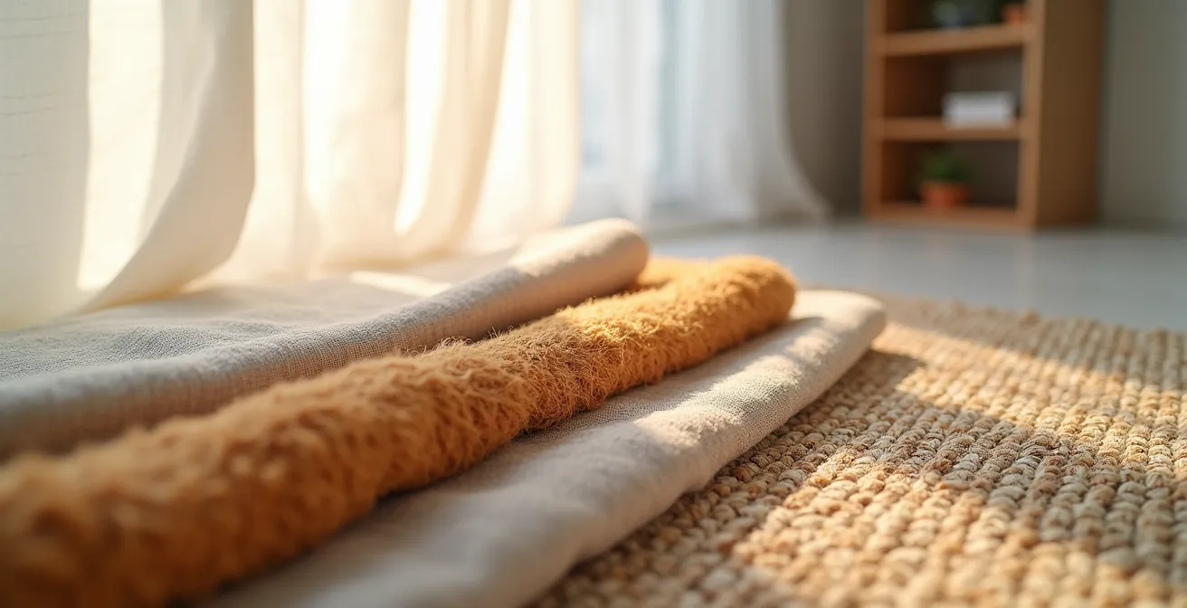 Salon aux murs blancs enrichi de textiles épais et bibliothèque remplie de livres