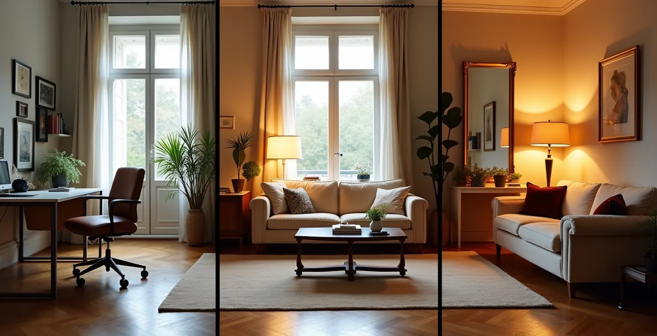 Vue d'ensemble d'un salon modulable avec meubles sur roulettes dans trois configurations différentes