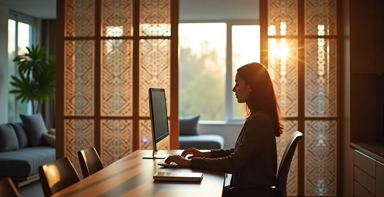 Salon avec coin bureau délimité par un claustra en bois ajouré laissant passer la lumière
