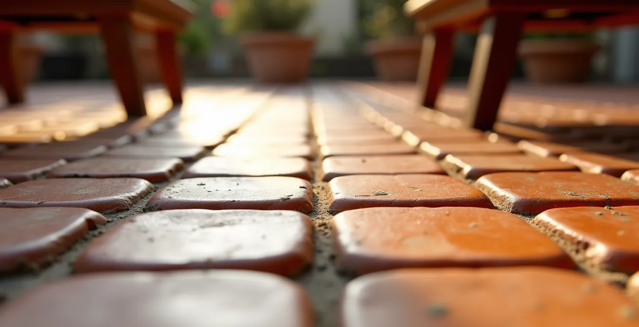 Sol en tomettes de terre cuite française avec patine naturelle dans cuisine rustique moderne