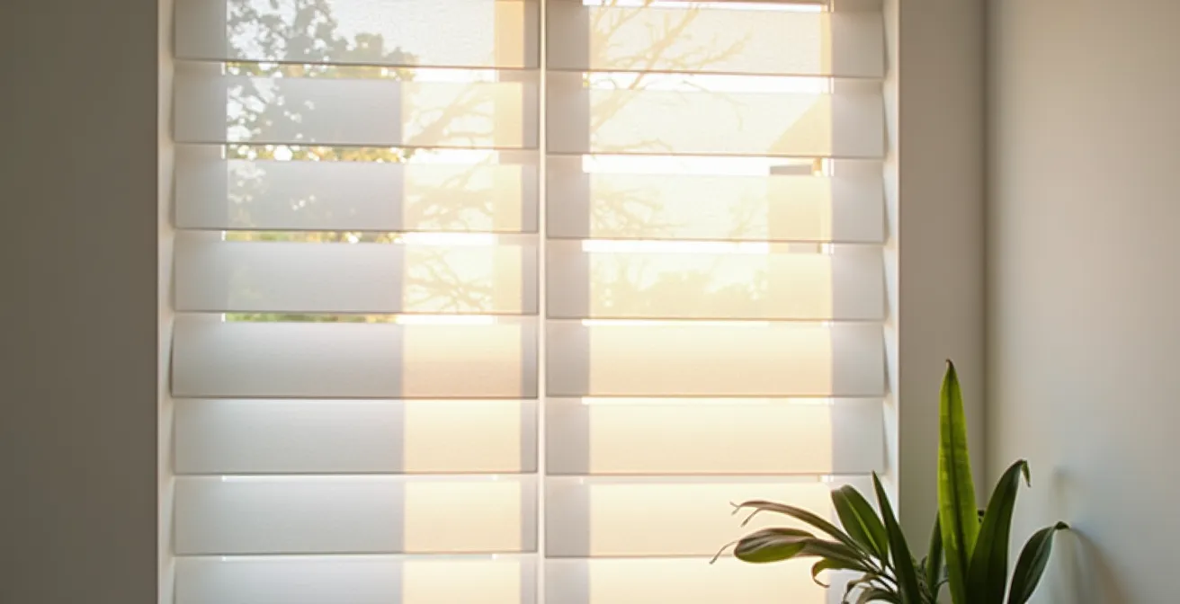 Fenêtre avec store jour-nuit créant un jeu de lumière naturelle dans le salon