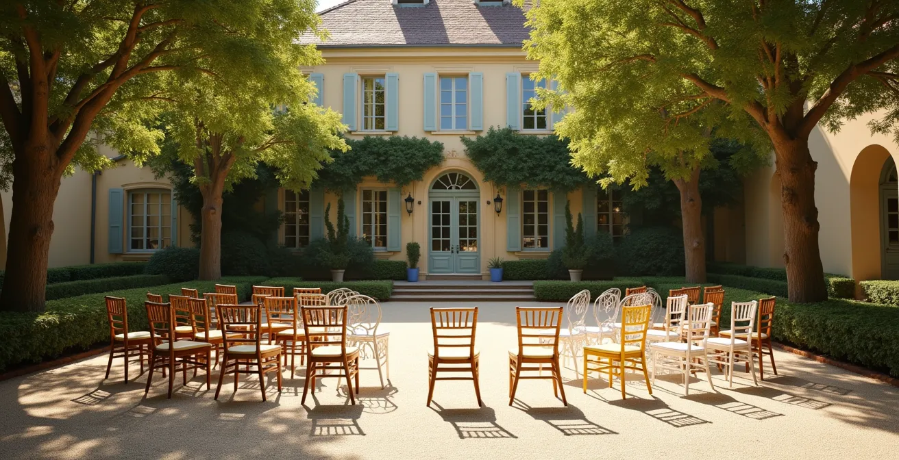 Comparaison visuelle de différents styles de chaises de mariage dans un château français