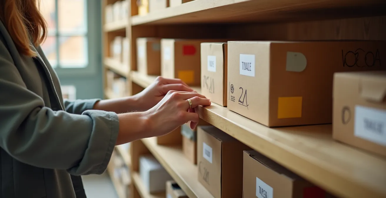 Système d'organisation avec boîtes étiquetées et codes visuels dans un placard