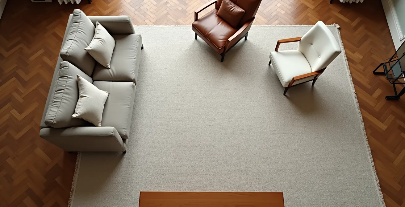 Vue en plongée d'un salon avec grand tapis définissant l'espace de conversation entre canapé et fauteuils dépareillés