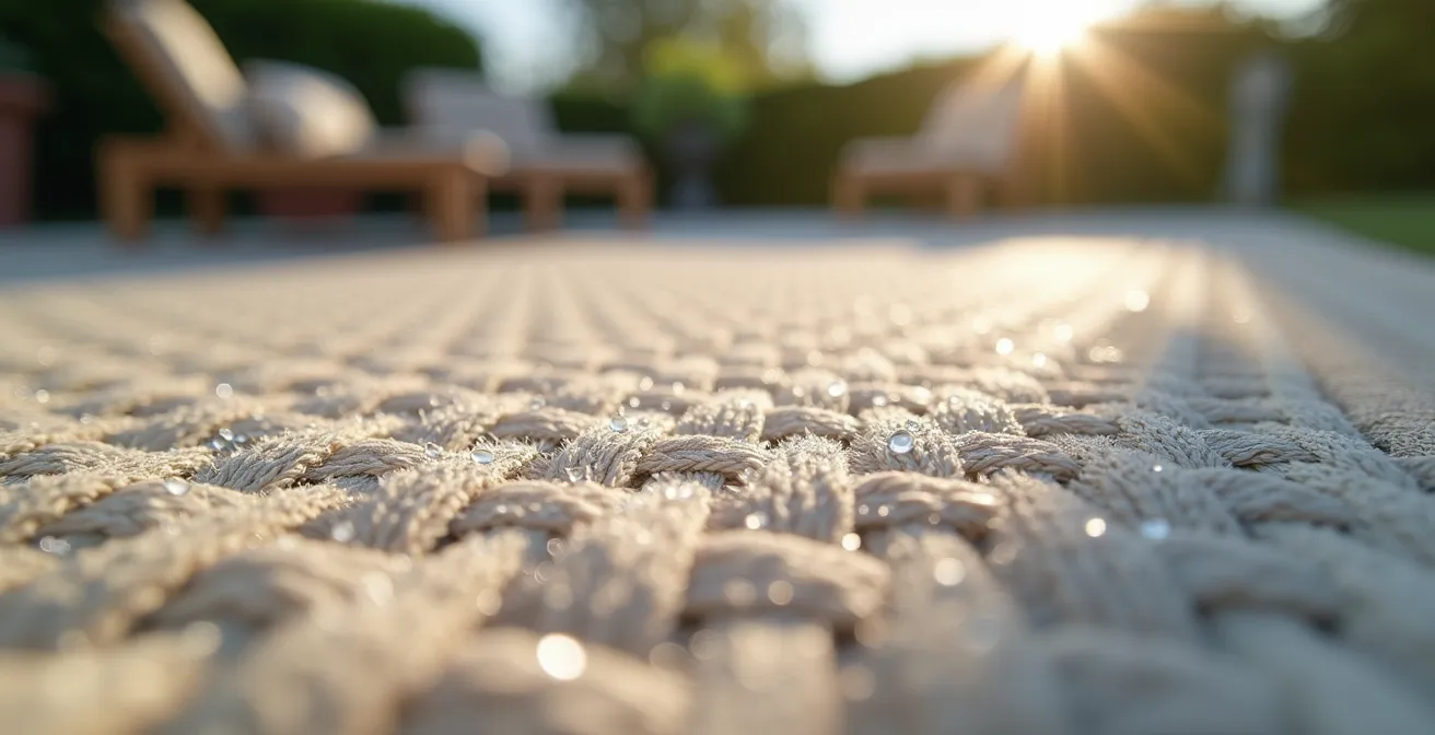 Deux tapis en polypropylène tissé définissant les zones repas et détente sur une terrasse