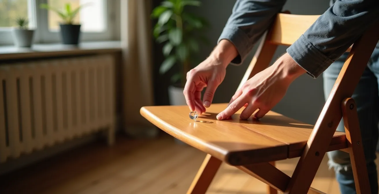 Test de la goutte d'eau sur une chaise en bois pour déterminer le besoin d'huilage