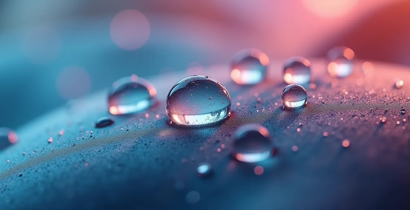 Test de la goutte d'eau sur un tissu traité avec spray protecteur montrant l'effet perlant