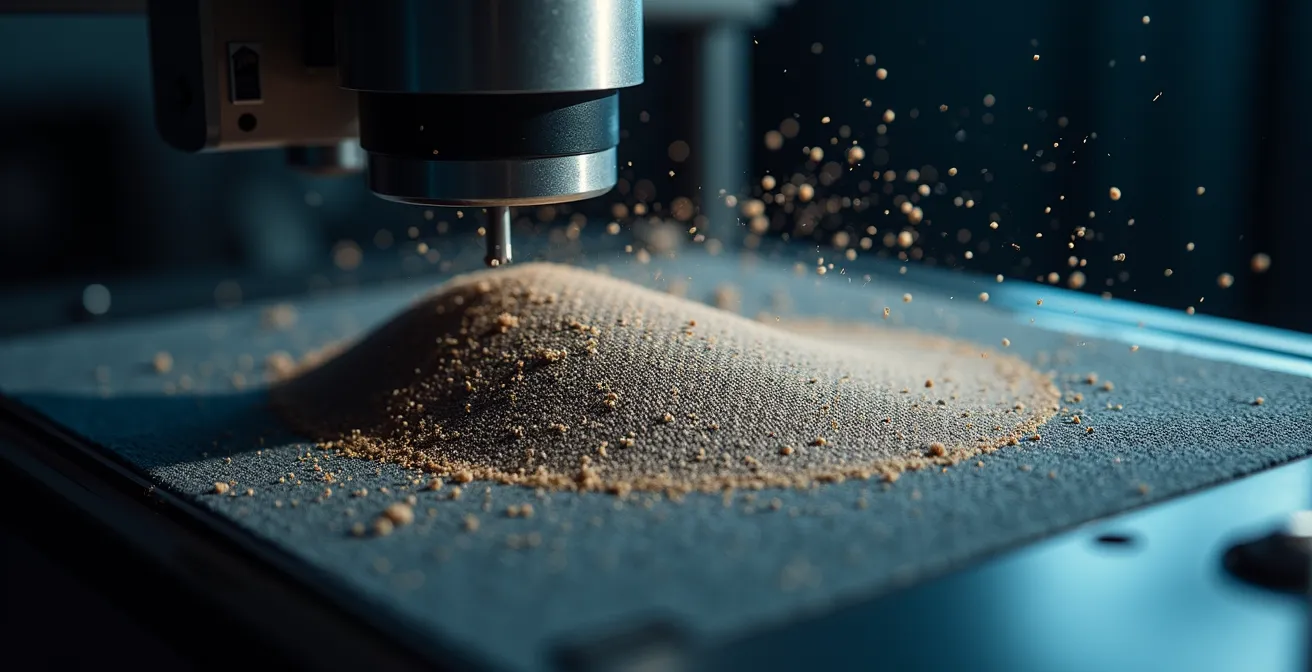 Représentation artistique d'une machine de test Martindale en action sur un tissu d'ameublement, symbolisant la mesure de la durabilité.