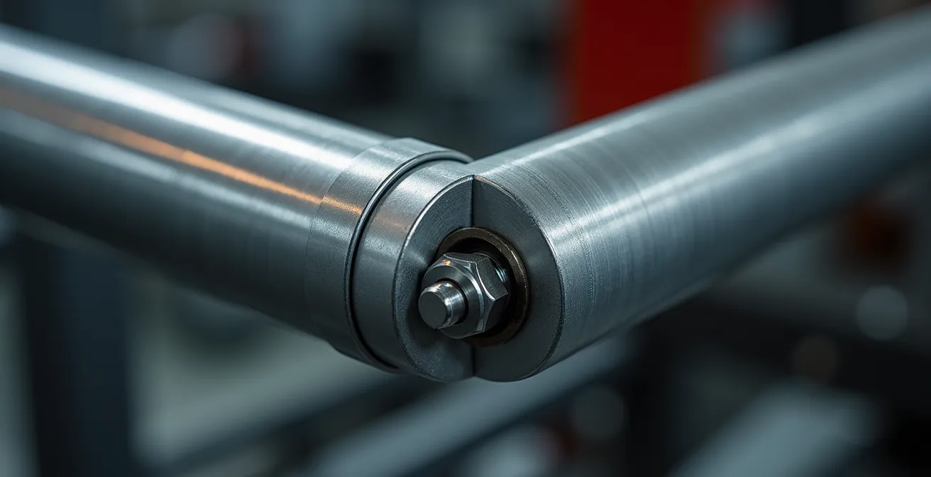 Gros plan sur assemblage de tubes aluminium montrant soudures et visserie inox