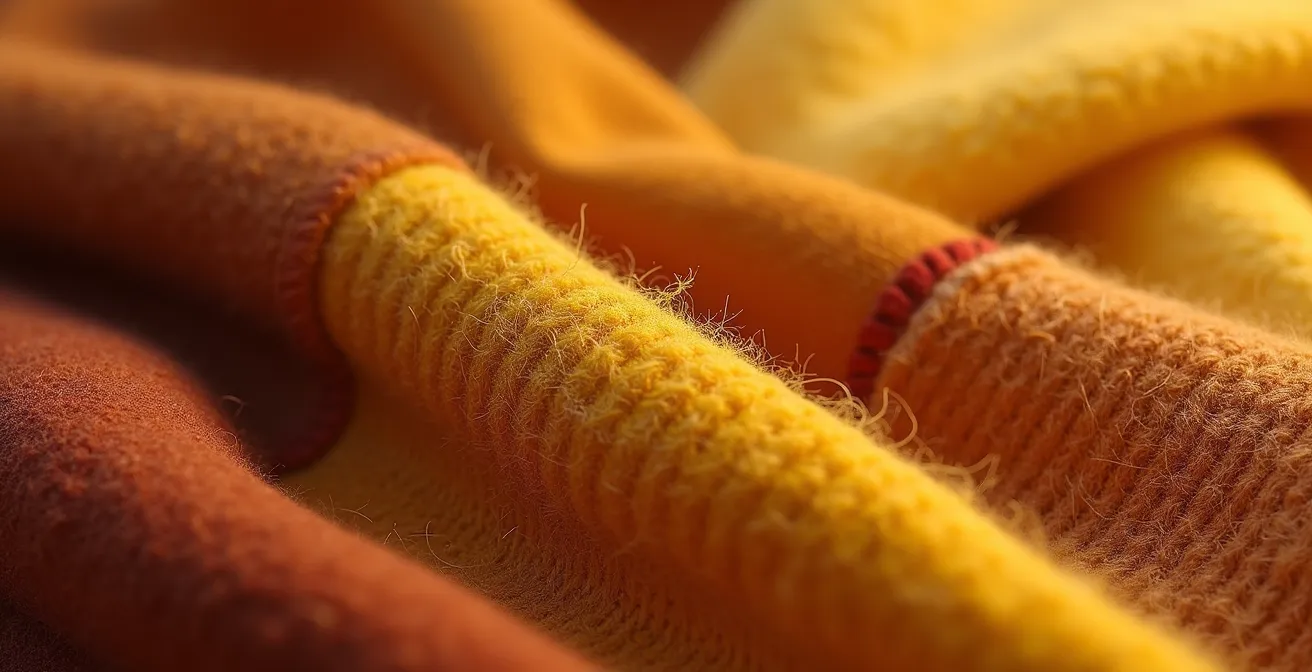 Composition de textiles d'hiver aux tons chauds avec lin safran et laine bouclée