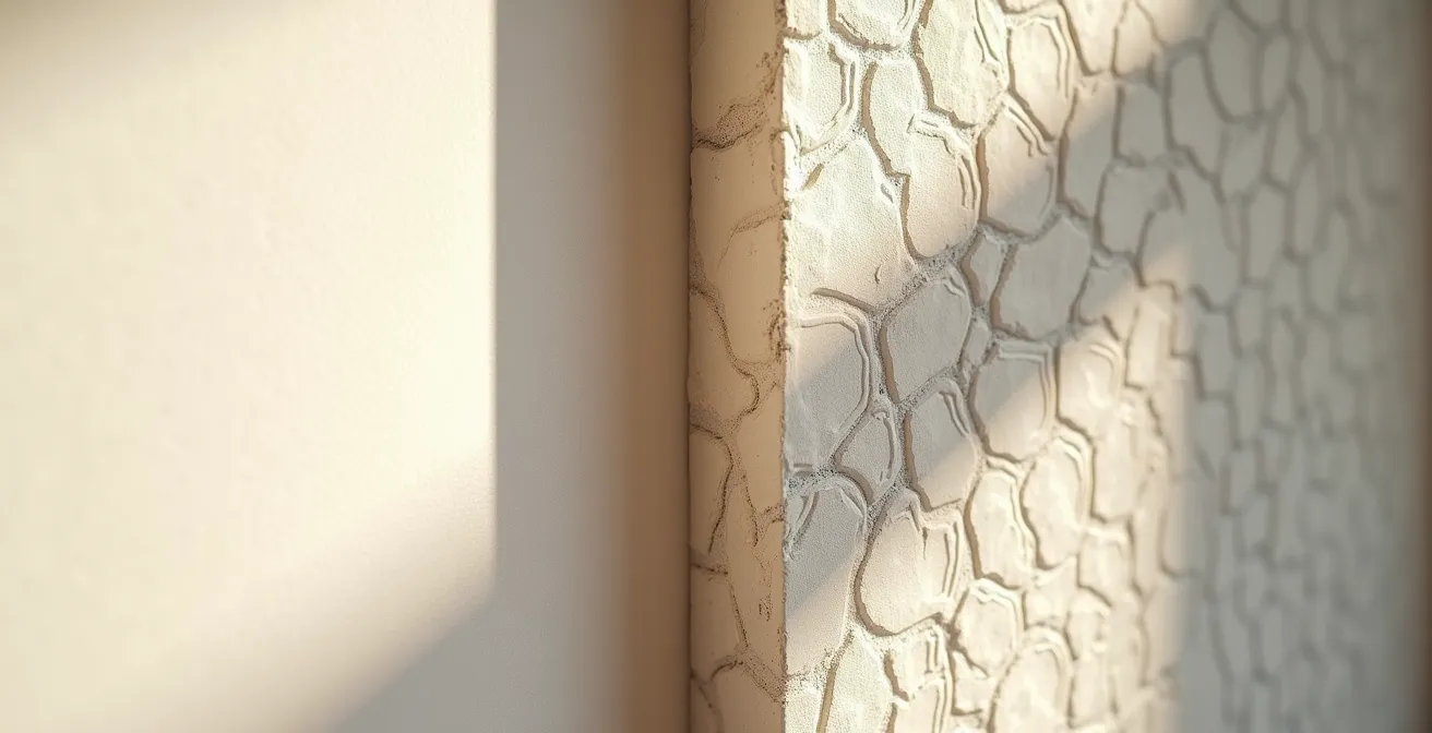 Mur avec différentes textures et finitions de peinture créant des effets visuels correctifs