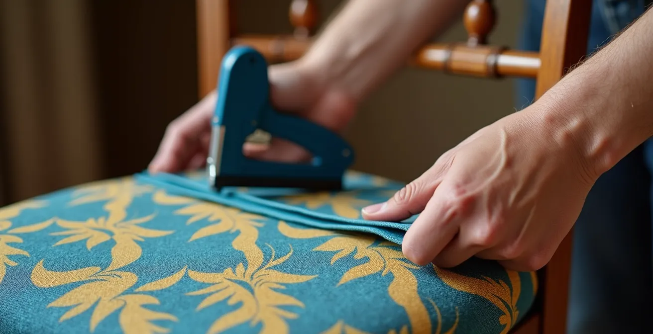 Gros plan sur une assise de chaise en cours de retapissage avec tissu coloré et agrafeuse