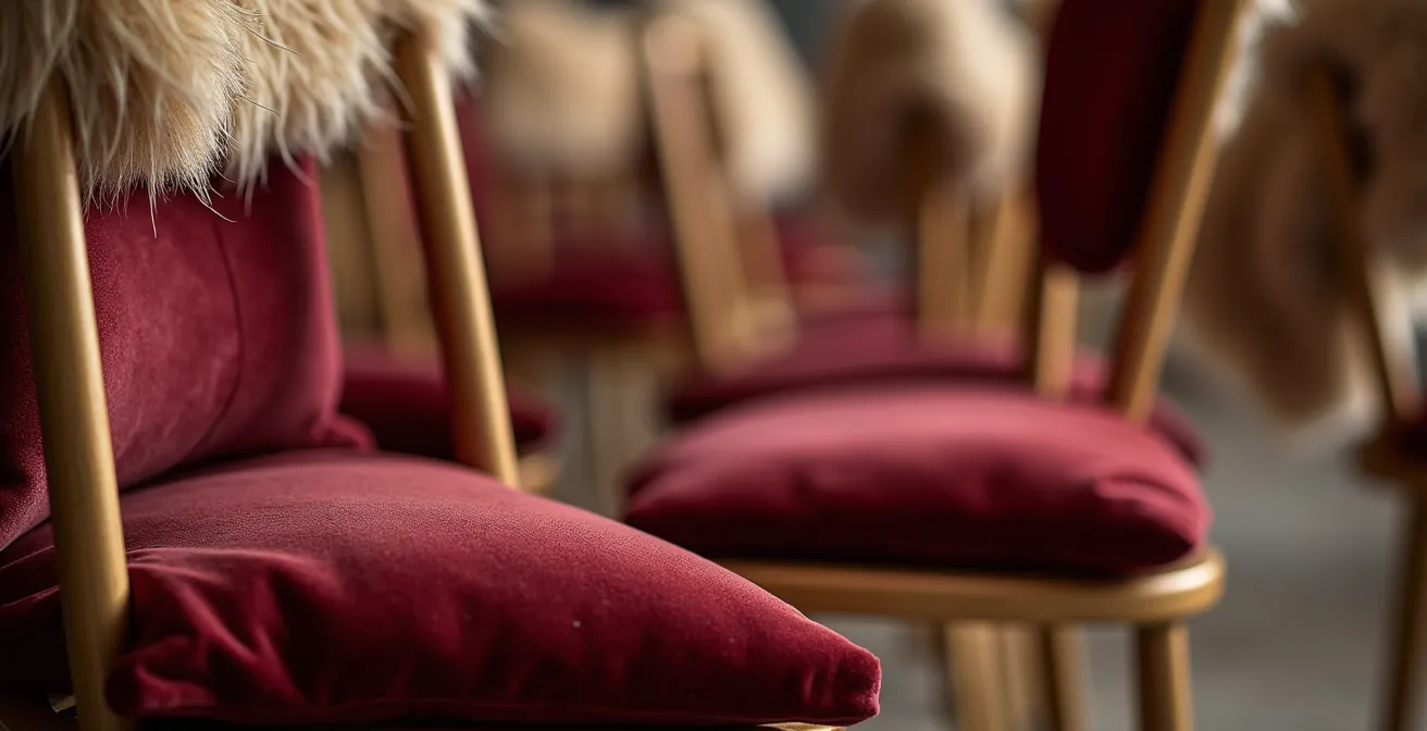 Chaises pliantes habillées de housses en velours et coussins décoratifs pour un rendu élégant.