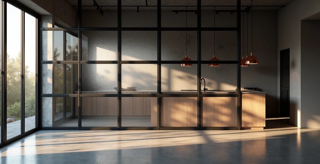 Verrière d'atelier en métal noir séparant un salon d'une cuisine dans un appartement contemporain